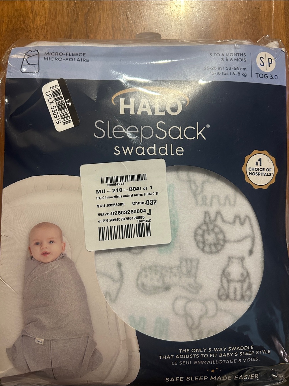 HALO SleepSack Swaddle Micro-Fleece in Gray and White with Animal Print